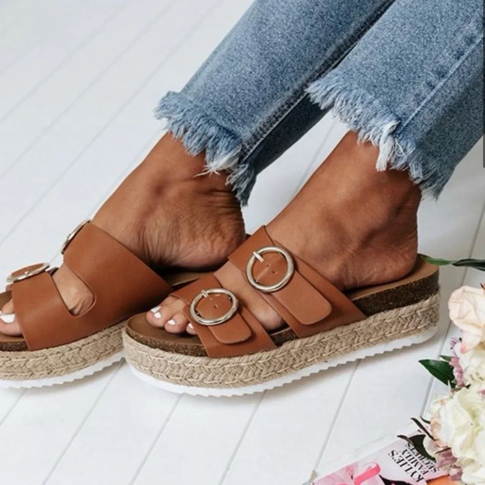 Adjustable Tan Double Buckle Espadrille Platform